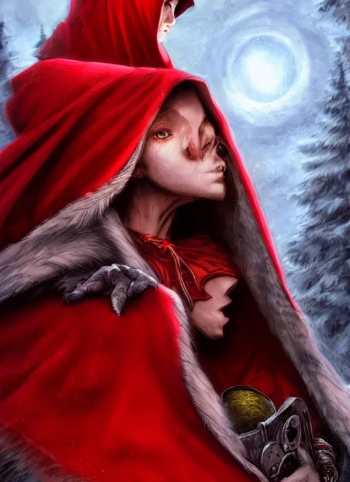 Image similar to digital _ picture _ little red riding hood and the wolf _ red cloak _ wonderful eyes _ philippe _ poles _ and _ justin _ gerard _ symmetrical _ fantasy _ very _ detailed _ realistic _ complex _ clear focus