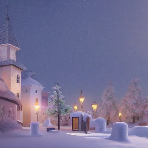 Prompt: a very realistic digital art rendering and concept design of a snowy village at dusk, with magnificent volumetric lighting, three dimensions, a digitally transformed environment, ui design, 3d modeling, illustration, and transport design