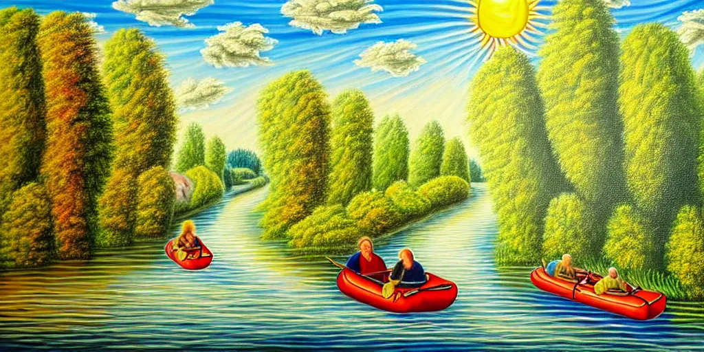 Prompt: A very detailed painting in the style of featuring a river in Europe surrounded by trees and fields. A rubber dinghy is slowly moving through the water. Sun is shining. Psychodelic painting