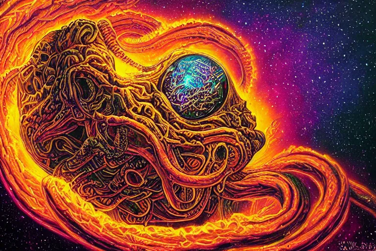 Image similar to a giant skull with lovecraftian tentacles emerging from a space nebula by dan mumford, digital art, photorealistic, vivid colors, highly detailed, intricate