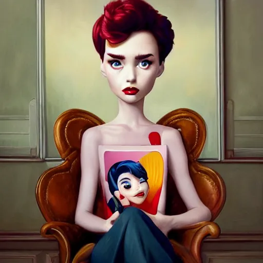 Image similar to Lofi portrait in high back chair, Pixar style by Tristan Eaton and Stanley Artgerm and Tom Bagshaw and Tim Burton