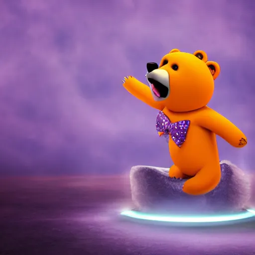 Image similar to cartoon animated bear wearing clothes being launched out of a futuristic machine into a purple and orange cloud land