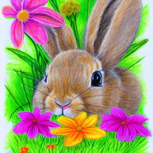 Prompt: fluffy tan lop eared bunny rabbit surrounded by colorful flowers detailed color pencil drawing 4 k