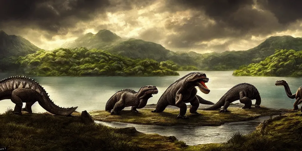 Image similar to amazing prehistoric landscape photo of tyrannosaurus and komodo fighting beside the lake, beautiful dramatic lighting