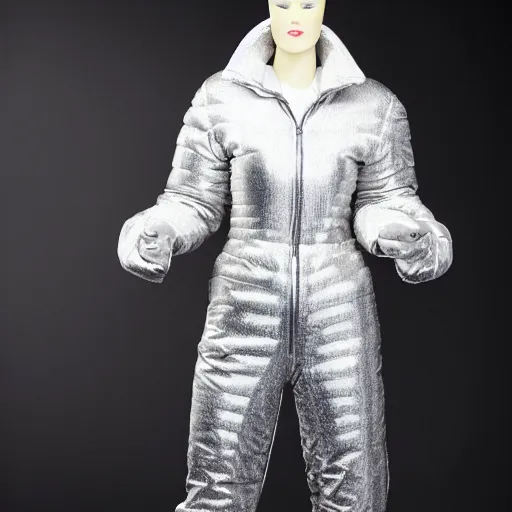 Image similar to a full body shot of a female mannequin, designed by hans boodt, wearing baggy pants, a tight top and a shiny, puffy coat, epic studio lighting, fashion photography