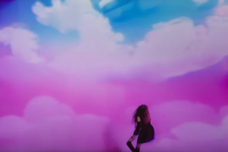 Image similar to high fidelity quality billboard photograph of a grunge model falling horizontally through realistic clouds wearing packing foam. three point light. photographic production. art directed. white pink blue lavender. gradient overlay. waves glitch artefacts. 8 k. filmic.