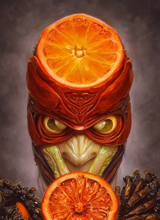 Prompt: orange slice mf doom reptile eyes, metal orange peel skin. intricate, elegant orange juice, highly detailed, centered, digital painting, artstation, concept art, smooth, sharp focus, illustration, artgerm, tomasz alen kopera, peter mohrbacher, donato giancola, joseph christian leyendecker, wlop, frank frazetta