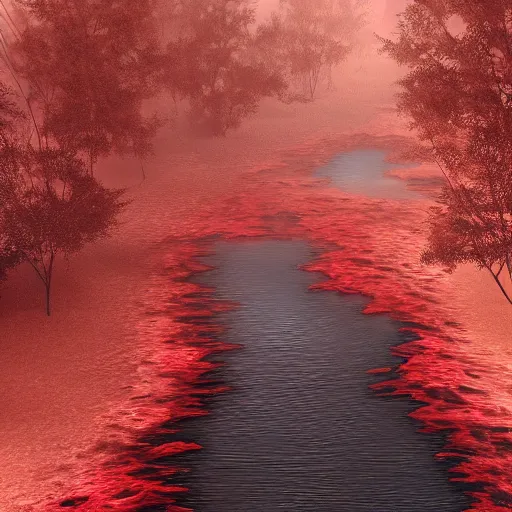 Image similar to dead river, red color, highly detailed, 8 k, artstation, beutifull, masterpiece,