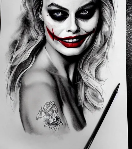 Image similar to tattoo design sketch of beautiful margot robbie portrait with joker makeup, in the style of den yakovlev, realistic face, black and white, realism tattoo, hyper realistic, highly detailed