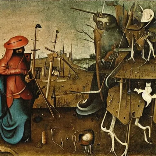 Prompt: a man walking around a town with a assault rifle, in the style of Hieronymus Bosch.