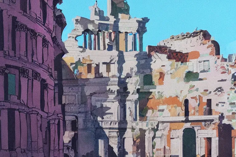 Prompt: !! gouache!! rome in a sunny day, artwork by tooth wu, colorful contrast,!!!! very coherent!!!!, dark shadow, thick lineart