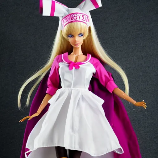 Image similar to anime barbie doll, nurse costume, full length, high heels, lace, stockings, rim of leather hare ears on the head