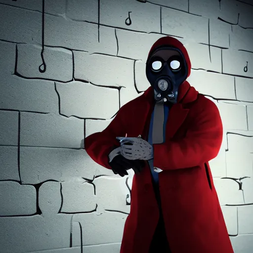 Prompt: hooden villain wearing a gas mask with red goggles, smoke coming out of his body and coat, dark background, wall with graffiti, unreal engine 5, ultra realistic, detailed, fog, artstation,