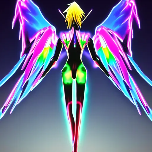 Prompt: evangelion angel invaders with neon rainbow wings colorful 4 k ceremonial path traced high definition detailed artstation realistic trending dramatic lighting dark and light contrast gothic
