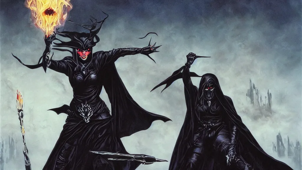 Prompt: dark sorceress on battlefield, black robe, evil eyes, long shot, jason edmiston