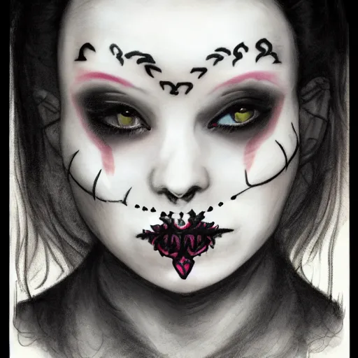Prompt: A portrait of the character, Death, a young Goth girl with an elaborate facial tattoo