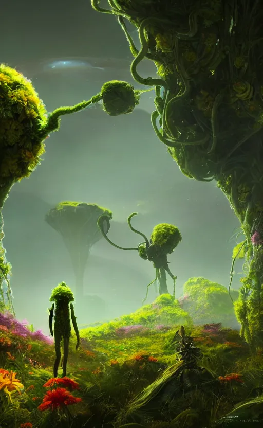 Prompt: a plant creature, plant filaments and flowers, walking on an alien planet with aliens plants, looking at an alien breathtaking landscape, cinematic lighting, concept art, artstation