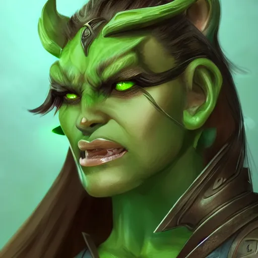 Image similar to character portrait of a green orc female, light green tone beautiful face by wei wang, trending on artstation