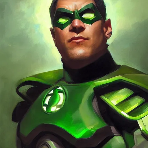 Image similar to greg manchess portrait painting of armored green lantern as overwatch character, medium shot, asymmetrical, profile picture, organic painting, sunny day, matte painting, bold shapes, hard edges, street art, trending on artstation, by huang guangjian and gil elvgren and sachin teng