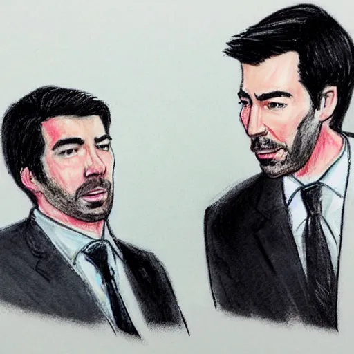 Prompt: the property brothers being indicted on charges of tax fraud courtroom sketch