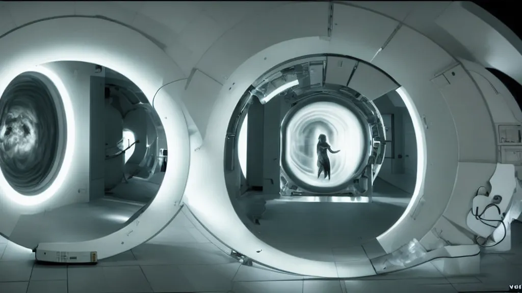 Image similar to an mri image open mri machine time tunnel portal in the living room, film still from the sci fi movie directed by denis villeneuve with art direction by salvador dali, wide lens