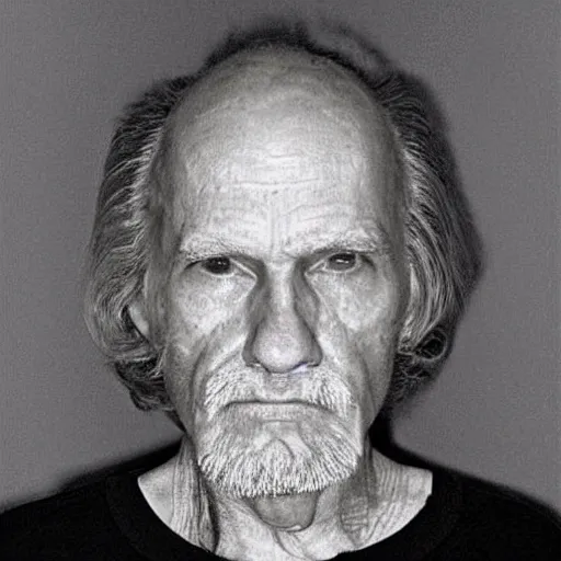 Image similar to A mugshot portrait of a old man who looks like Jerma985 with a receding hairline and short mid-length wavy hair, wearing mid-1980s menswear in the late 2008, taken in the late 1980s, grainy, realistic, hyperrealistic, very realistic, highly detailed, very detailed, extremely detailed, detailed, trending on artstation, front facing, front view, headshot and bodyshot, detailed face, very detailed face