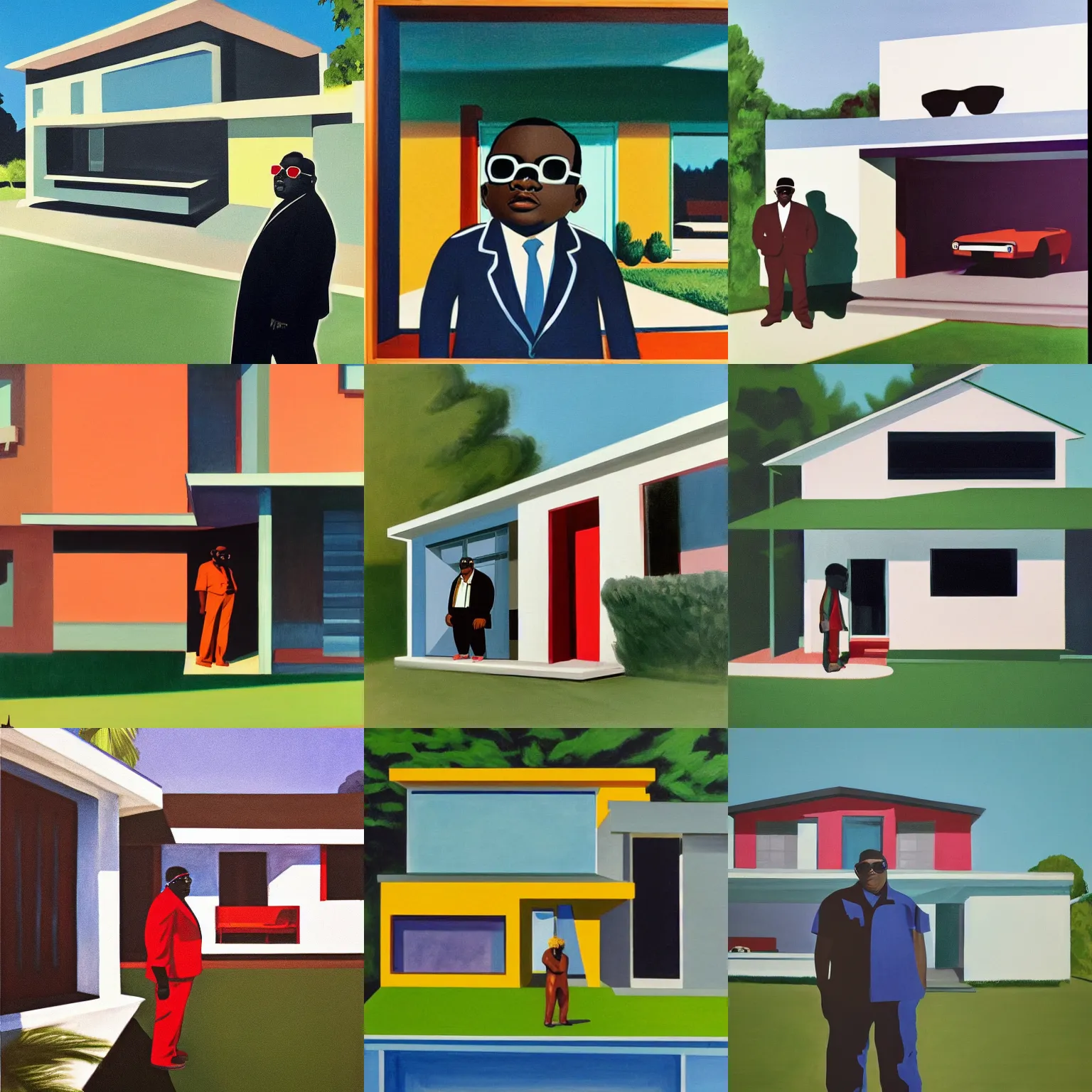 Prompt: biggie smalls wearing sunglasses standing in front of a mid century modern house painted by Edward Hopper and James Gilleard