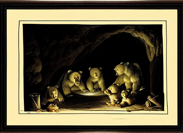 Image similar to Pieter Claesz's 'bear and her cubs sleeping in a dark cave lit by campfire', night time, cross hatching, framed