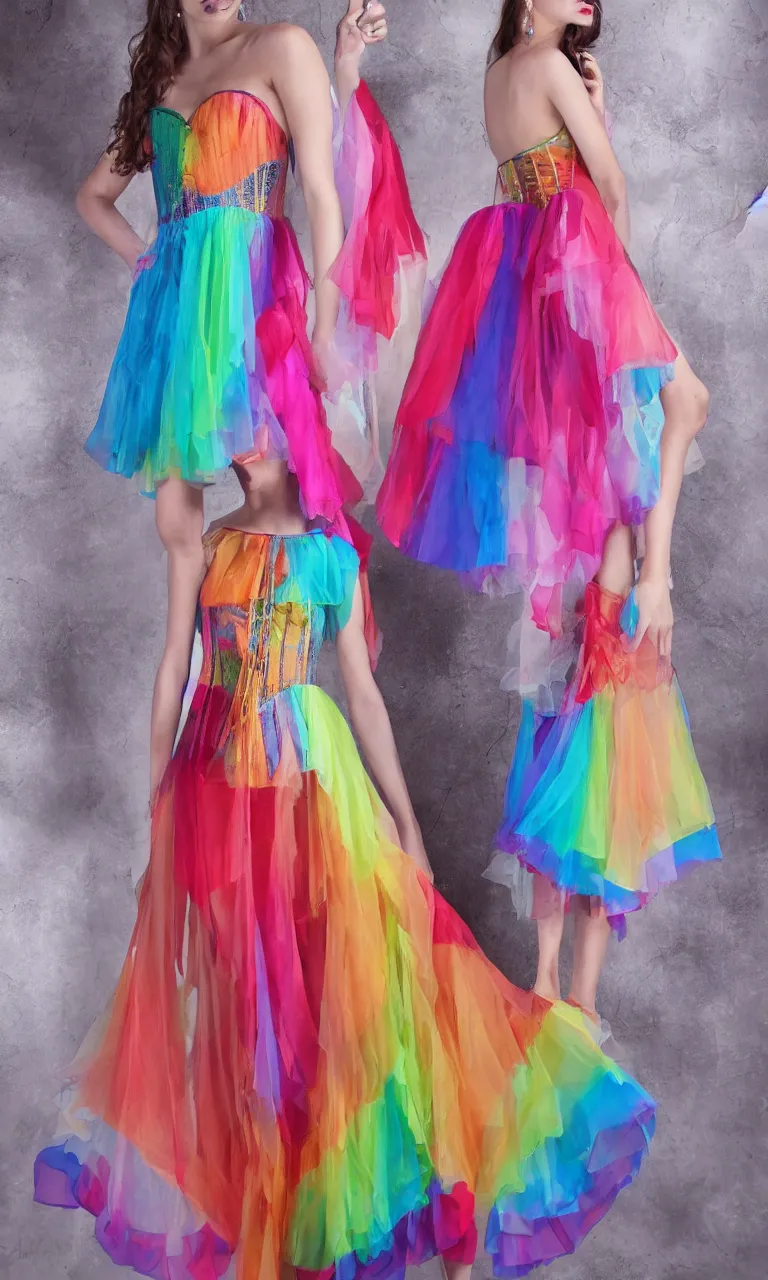 Prompt: rainbow themes sheer corset dress, fashion design, professional, high detail, 4k