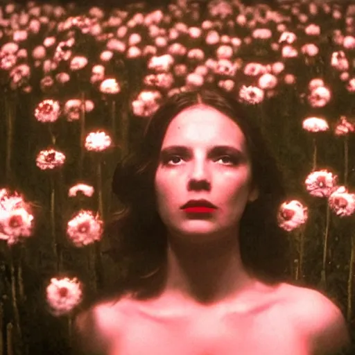 Image similar to movie still of the girl with the flowers head, cinematic composition, cinematic light, by edgar wright and david lynch, oniric atmosphere,