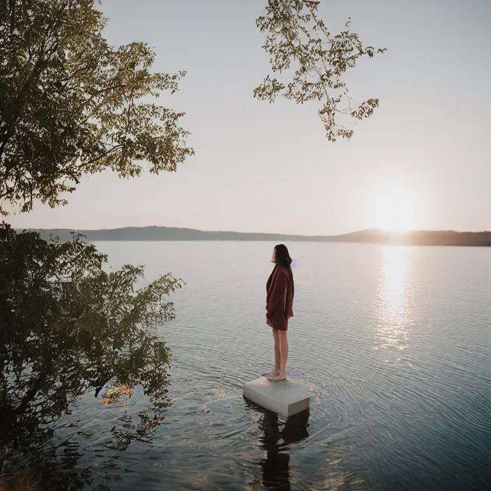 Prompt: a woman, standing in a lake, backlit, wearing amazing clothes, backlit, photo by Marat Safin, Canon EOS R3, f/1.4, ISO 200, 1/160s, 8K, RAW, unedited, symmetrical balance, in-frame