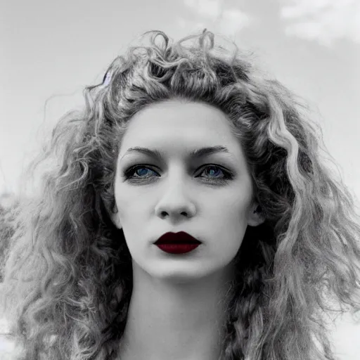 Image similar to a beautiful english woman with a long face narrow nose pale skin blue eyes red lips and wild messy tangles of curly white blonde hair, high resolution film still, sandy, a journey to the west