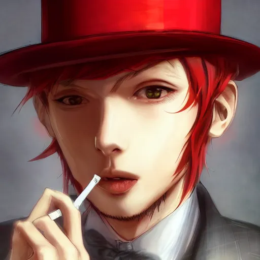 Prompt: semi realistic anime illustration of top hat wearing red haired man, holding a cigarette in hand, with slight stubble, with beautiful hyperdetailed eyes, facing camera directly, full face portrait made by Stanley Artgerm, WLOP, Rossdraws, James Jean Andrei Riabovitchev, Marc Simonetti, Yoshitaka Amano, Artstation