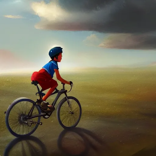 Image similar to A boy riding a bicycle flying through the clouds, painting, trending in artstation, artstationHD, artstationHQ, highly detailed, 4k