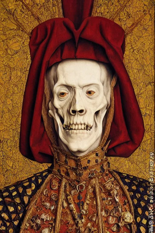 Image similar to portrait of ainz ooal gown, oil painting by jan van eyck, northern renaissance art, oil on canvas, wet - on - wet technique, realistic, expressive emotions, intricate textures, illusionistic detail