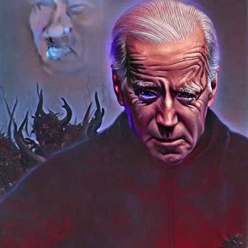 Image similar to epic Joe Biden in pandemonium, demons and souls, portrait, art by Wayne Barlowe, oil on canvas