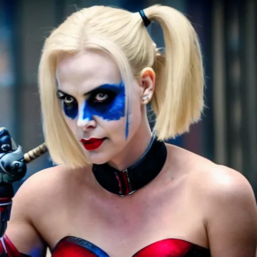 Image similar to charlize theron as harley quinn in suicide squad, 8k, RED camera