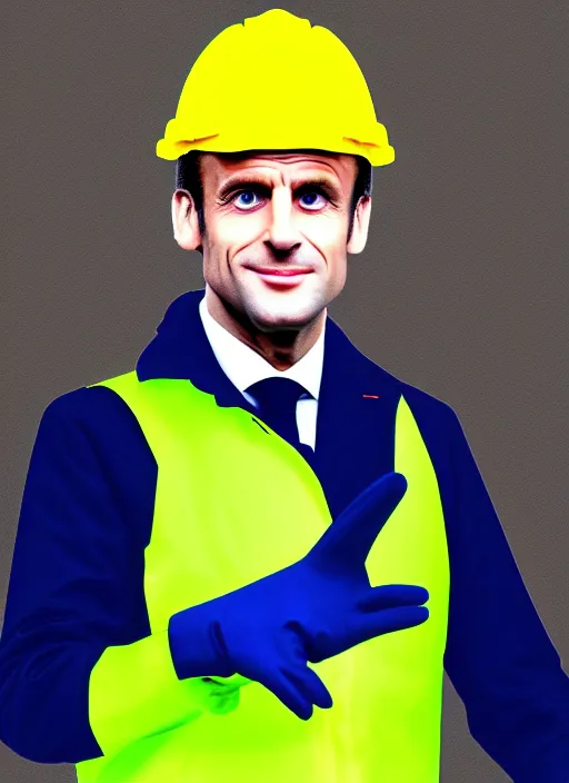 Image similar to emmanuel macron wearing hivis coat, hard hat and rubber gloves, digital art