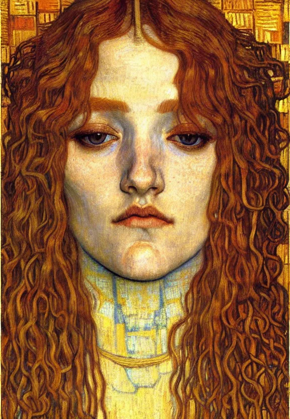 Image similar to detailed realistic beautiful young medieval queen face portrait by jean delville, gustav klimt and vincent van gogh, art nouveau, symbolist, visionary, gothic, pre - raphaelite, muted earthy colors, desaturated