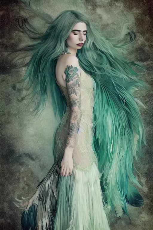 Prompt: ombre fishnet gown, crying queen of feathers, lace, portrait, long green hair, tattered dress, glasses, tattooed pinup, feral languid emma roberts, by greg rutkowski, anato finnstark, alphonse mucha, global illumination, radiant light