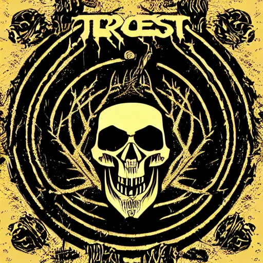 Image similar to dark death metal themed vector illustration for a record label, trees. forest, spikes, skull, microphone, skull, award winning, grunge, iconic, golden ratio