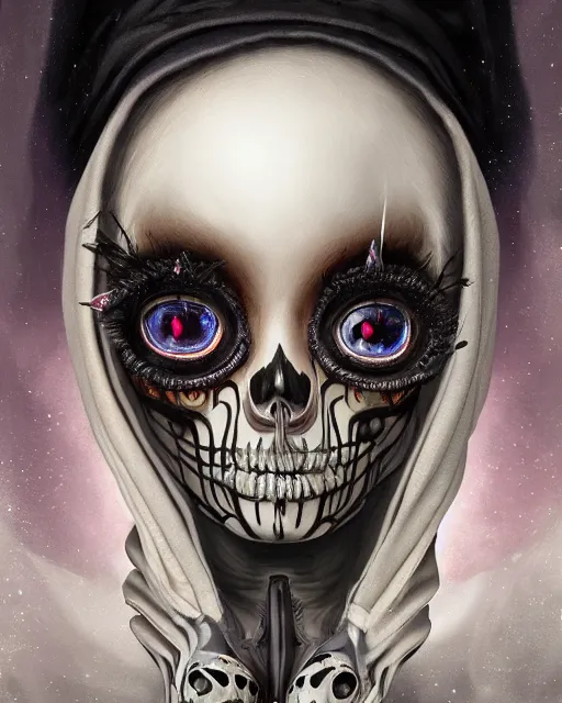 Prompt: a surrealistic head and shoulder painting of a gorgeous female skeleton with cat eyeballs and lipstick and hoodie, in the style of lise deharme, digital art, detailed masterpiece