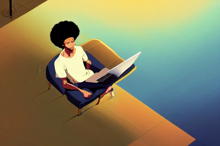 Image similar to a young afro man sitting on a sofa working on a laptop, wide angle shot from above, golden curve composition, animation portrait concept art, style of makoto shinkai, xision, james jean and peter mohrbacher, studio ghibli, artgerm, karol bak, dan mumford, 4 k hd, animation style