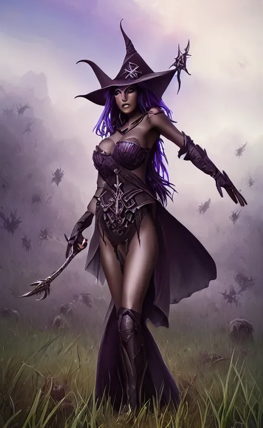 Image similar to medium shot of dark elf witch in field, sunny, highly detailed, d & d, fantasy, highly detailed, digital painting, trending on artstation, concept art, sharp focus, illustration, global illumination, ray tracing, realistic shaded, art by artgerm and greg rutkowski and fuji choko and viktoria gavrilenko and hoang lap