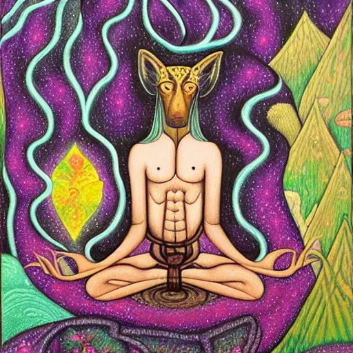 Prompt: an anthromorphic wolf man meditating in a zen garden with a waterfall, by amanda sage in a psychedelic style, oil on canvas