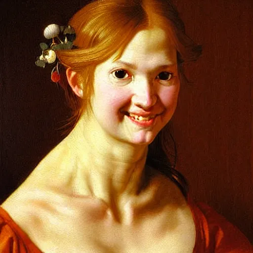Image similar to Facial portrait of a cute shy woman, looking away from the camera, seductive smile, sparkle in eyes, lips slightly parted, long flowing hair, no hands visible, intricate, extremely detailed painting by Jan Steen and by Greg Rutkowski and by Moebius, golden hour
