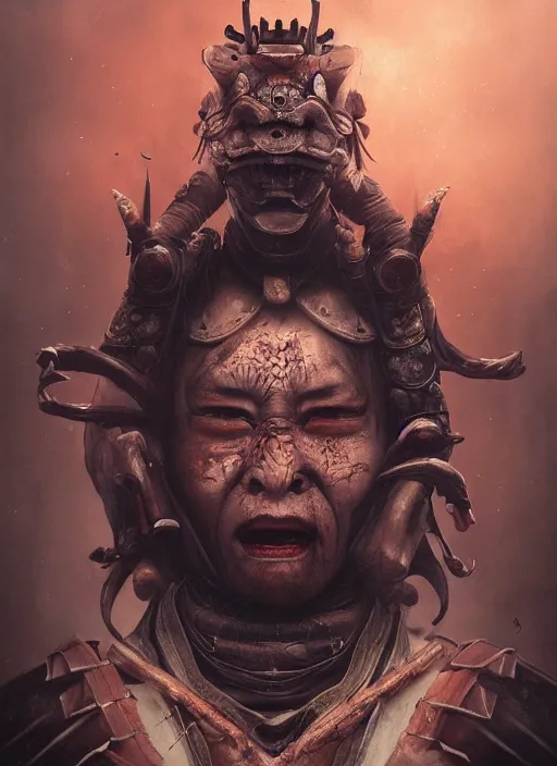 Image similar to dark samurai portrait, symmetrical face, hannya oni mask, after a battle, dirt and unclean, extreme detail, cinematic, dramatic lighting render, by tom bagshaw, masterpiece