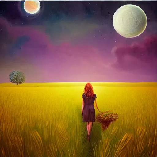 Image similar to giant daisy flowers as a head, girl walking in wheat field, hills, surreal photography, moon light, dark night, star trails, dramatic light, impressionist painting, clouds, digital painting, artstation, simon stalenhag