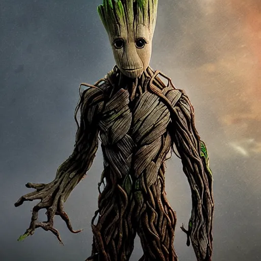 Image similar to groot with metal armor, 4k realistic photo