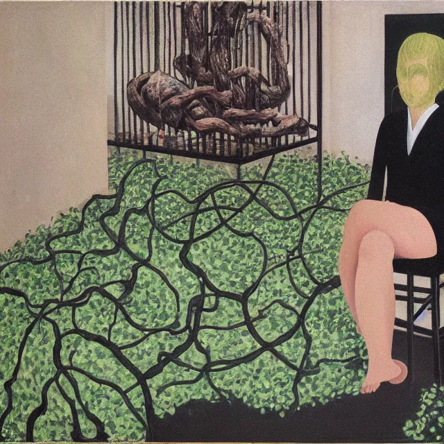 Image similar to a pathology student in her apartment, wrapped in vines, large stones, pig, black walls, ikebana, black armchair, puddles, moss, acrylic on canvas, surrealist, by magritte and monet